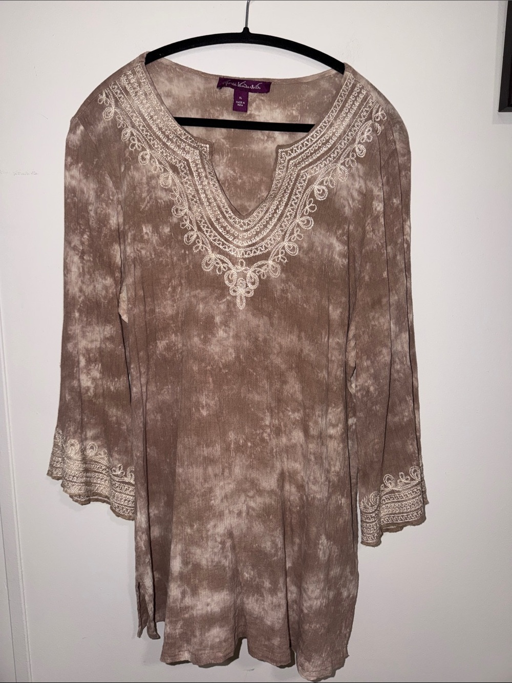 Gloria Vanderbilt Taupe Embroidered V-Neck Tunic